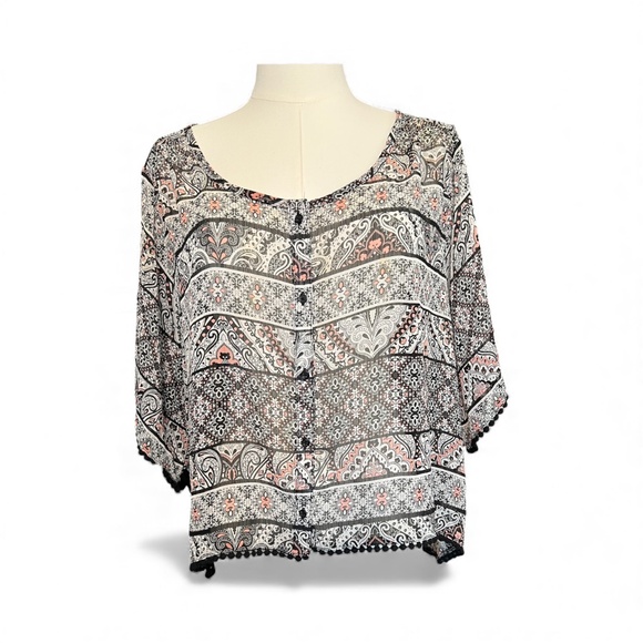 🖤💗 EUC MUDD Boho Black, Pink & White Hi-Low Button Front Top | Sz XL - Picture 1 of 7